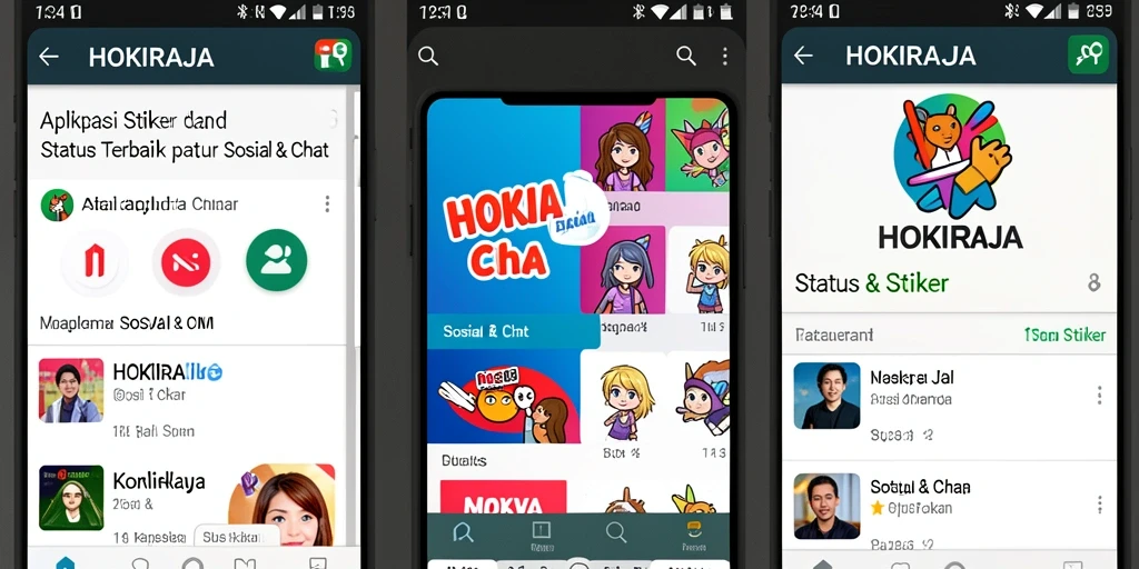 Antarmuka aplikasi HOKIRAJA menampilkan berbagai stiker lucu dan status kreatif.